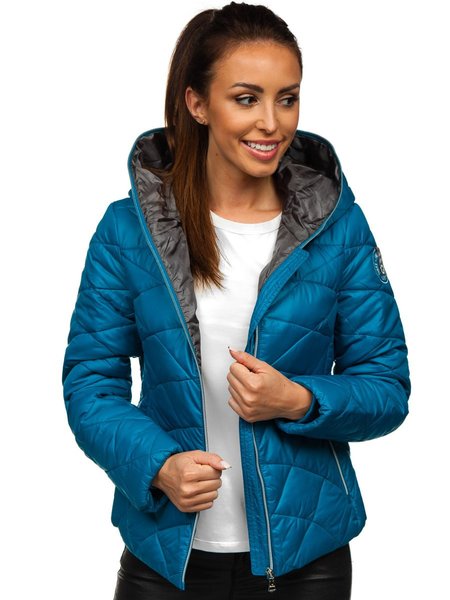 Niebieska pikowana kurtka damska zimowa z kapturem 